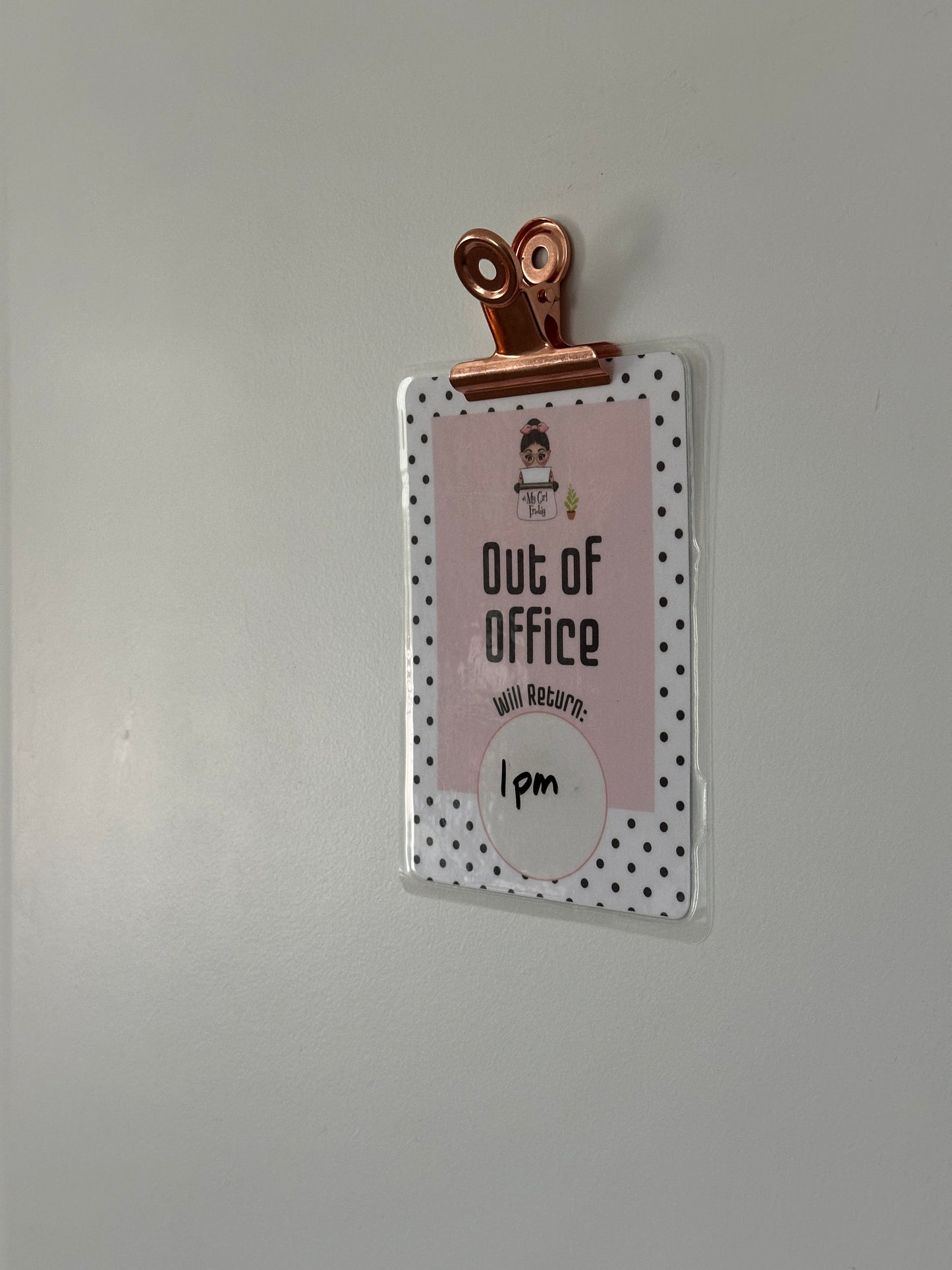 Out of Office Sign with White Board Marker and Rose Gold Clip