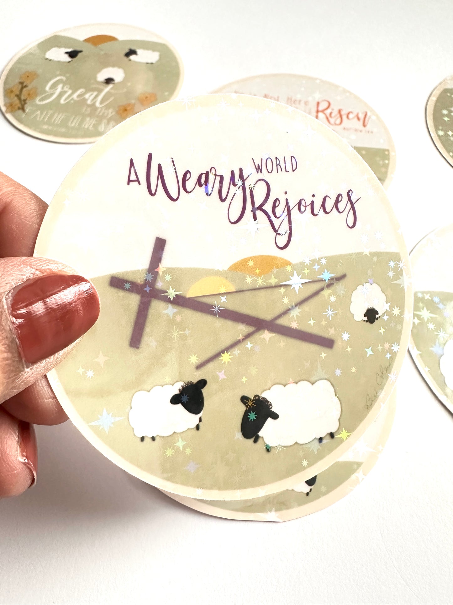 Six Cute Sheep Sparkly Round Die Cut Stickers