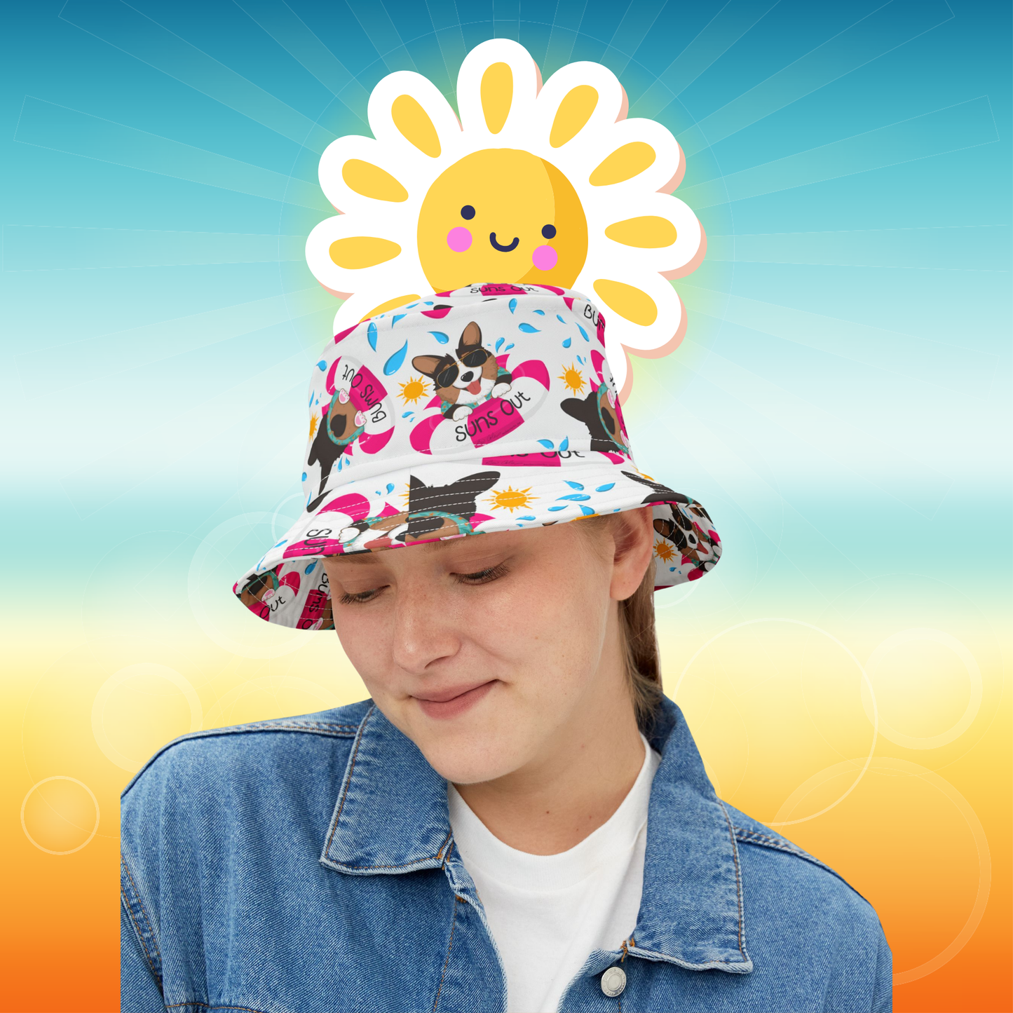 Tri-Color Corgi Suns Out Bums Out Bucket Hat