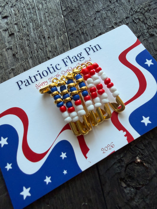 American 250th Birthday Patriotic Flag Pin – Handcrafted Beaded Safety Pin Brooch