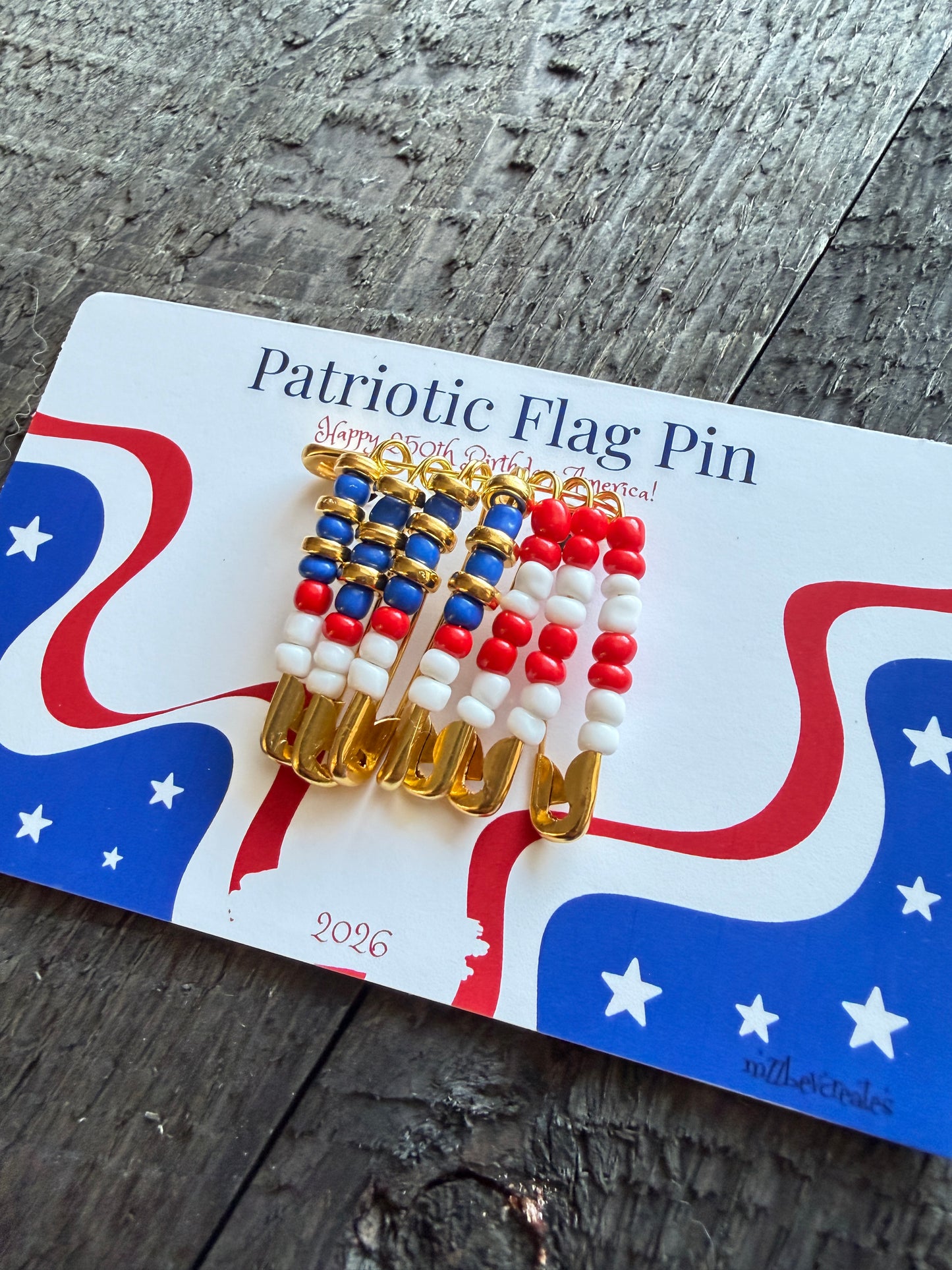 American 250th Birthday Patriotic Flag Pin – Handcrafted Beaded Safety Pin Brooch