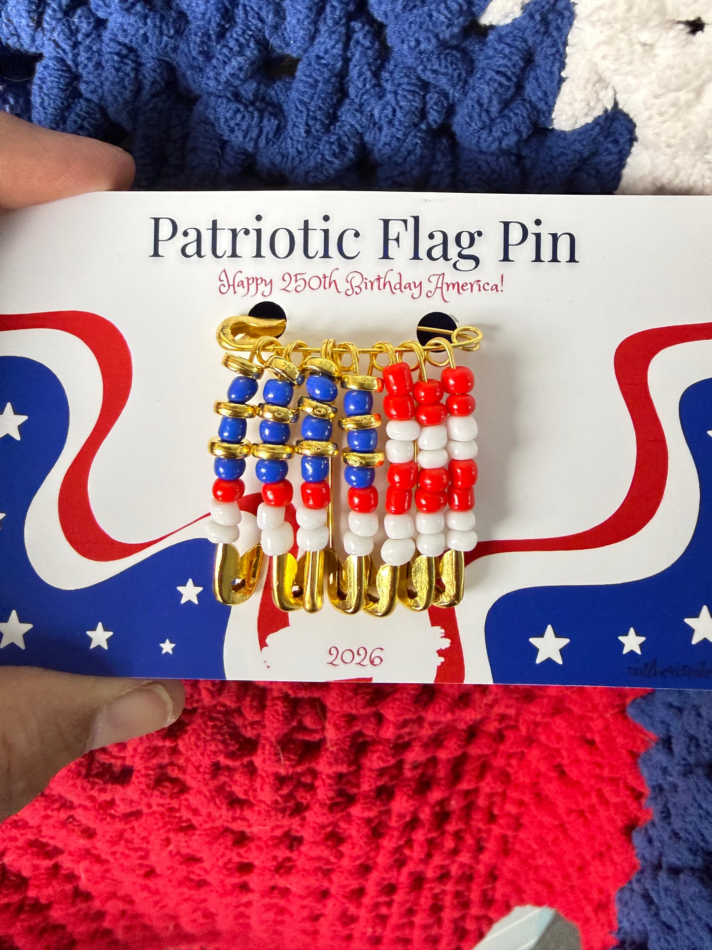 American 250th Birthday Patriotic Flag Pin – Handcrafted Beaded Safety Pin Brooch