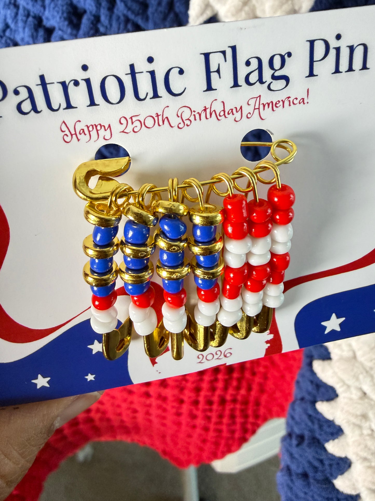 American 250th Birthday Patriotic Flag Pin – Handcrafted Beaded Safety Pin Brooch