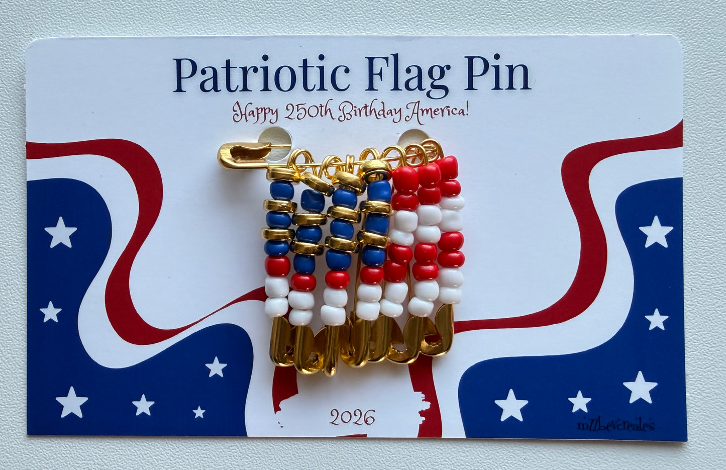 American 250th Birthday Patriotic Flag Pin – Handcrafted Beaded Safety Pin Brooch