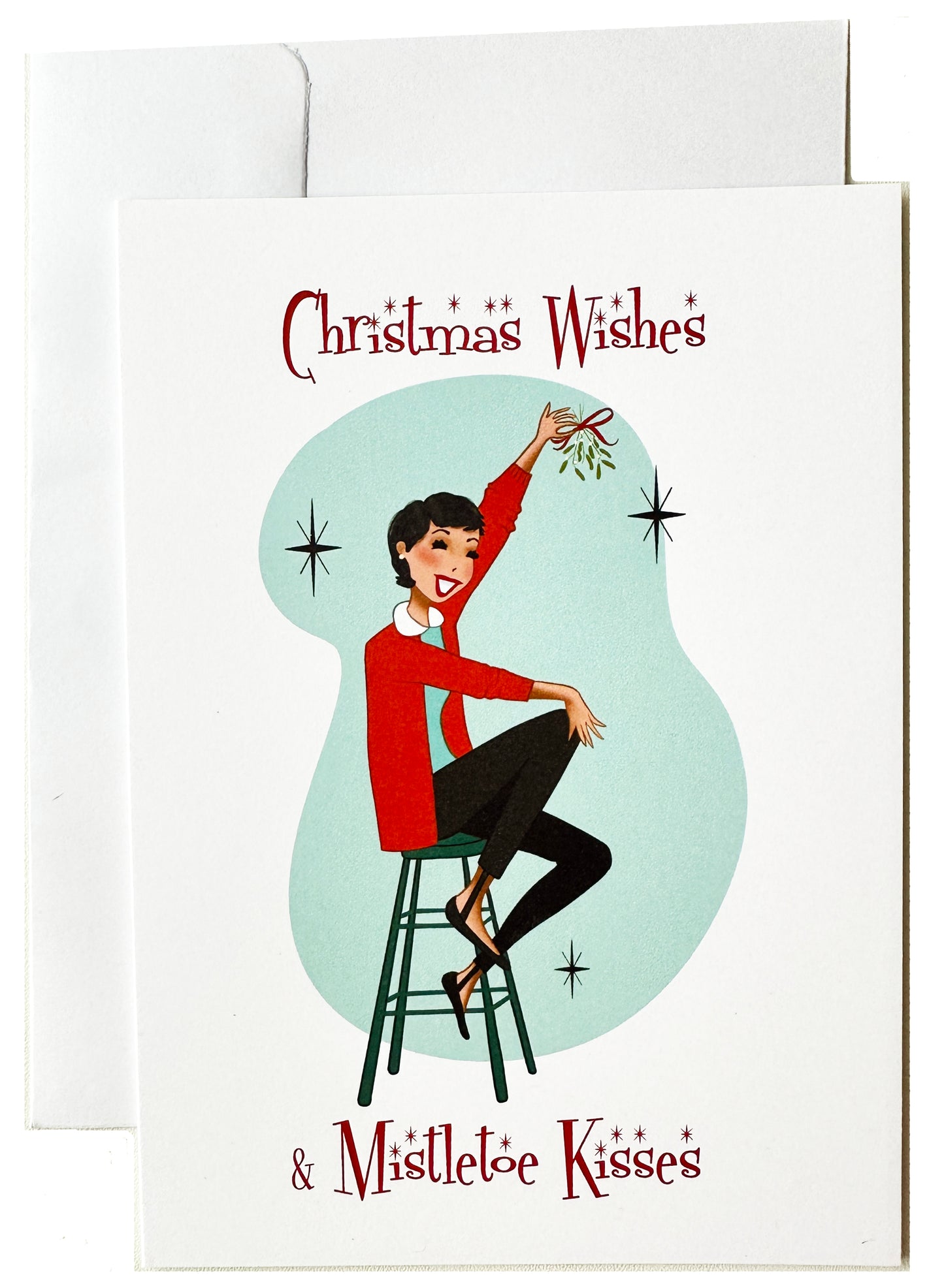 Vintage Mistletoe Girl Christmas Greeting Card