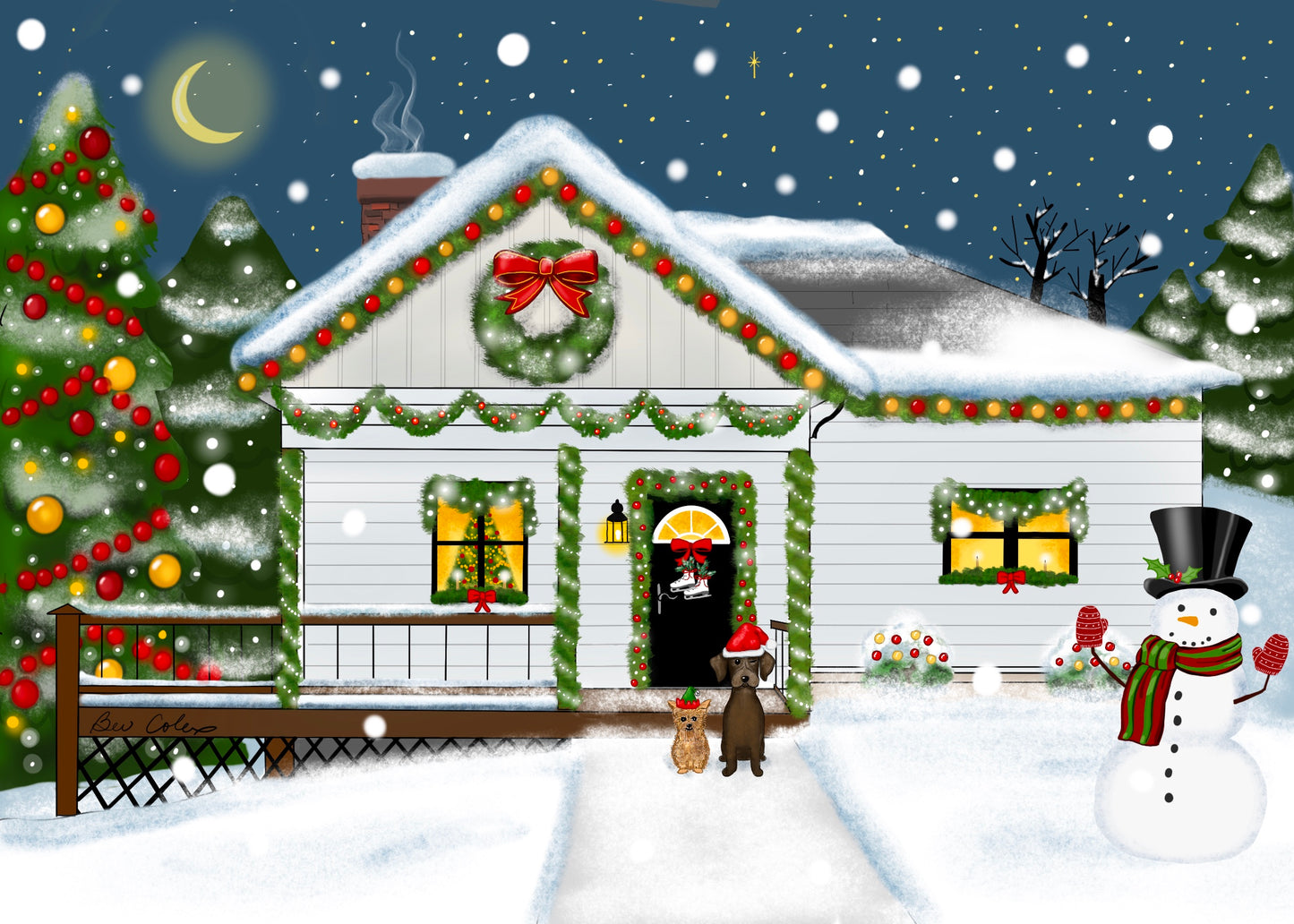 Personalized Christmas House Illustration, Digital File