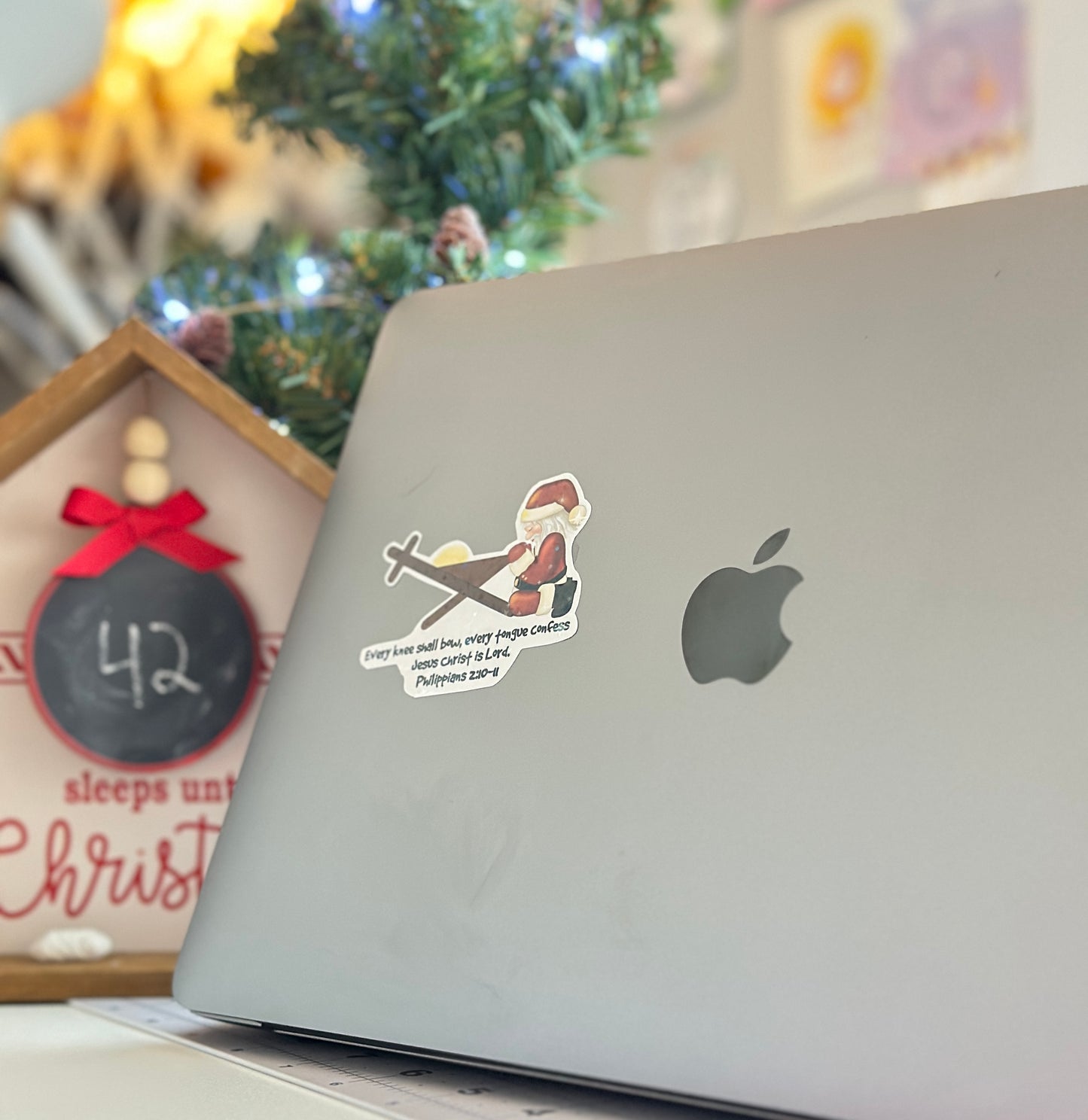 Santa Kneeling at the Manger to the Cross, Sparkly,  Die-Cut Sticker