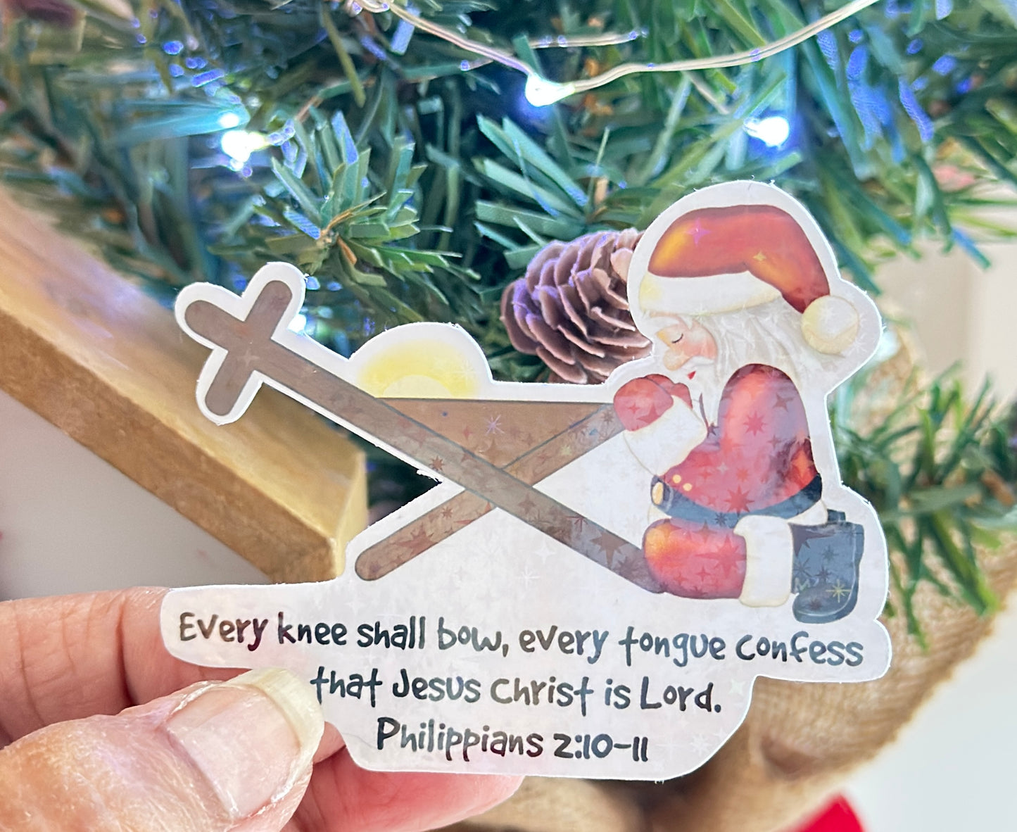 Santa Kneeling at the Manger to the Cross, Sparkly,  Die-Cut Sticker