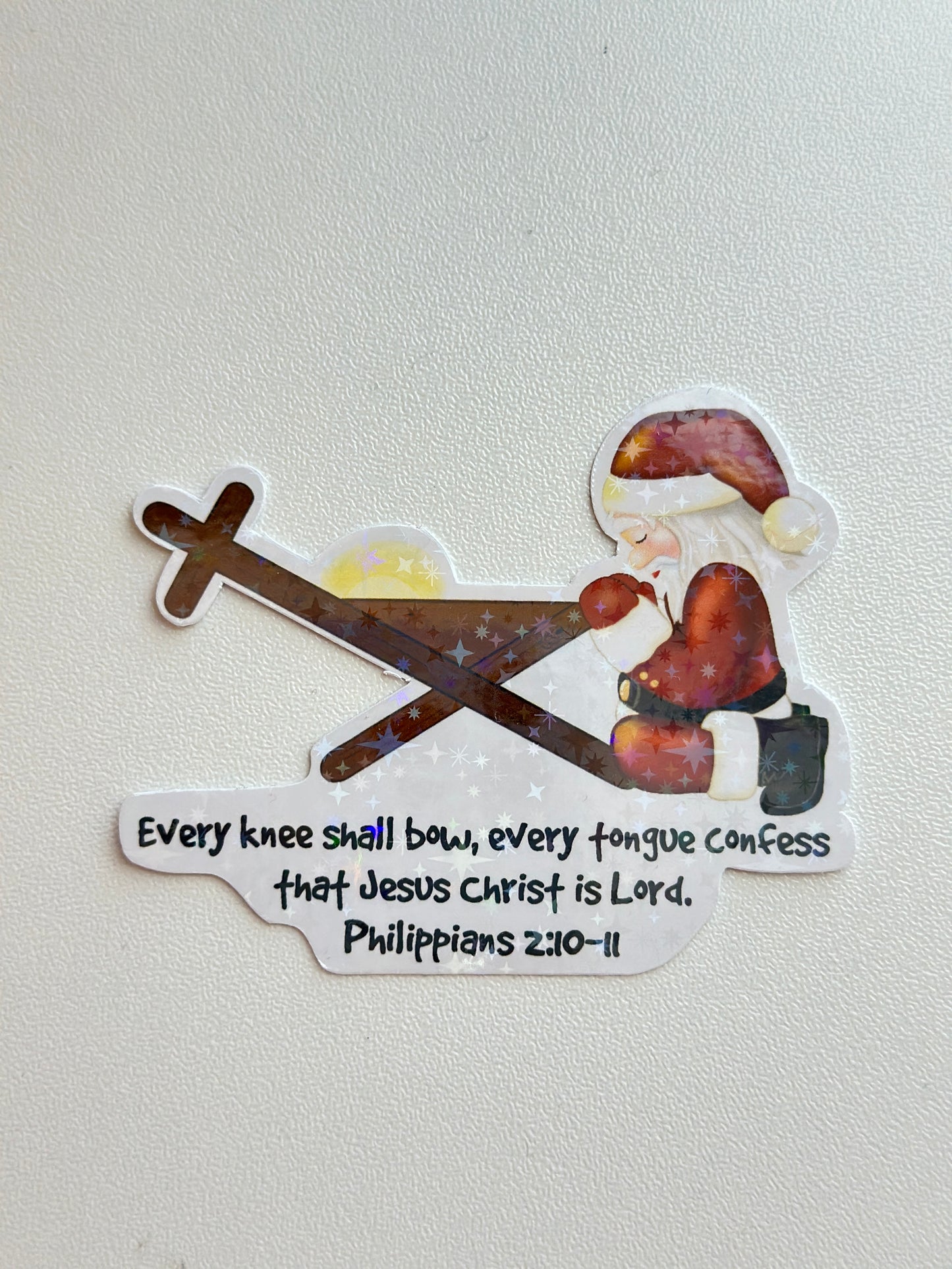 Santa Kneeling at the Manger to the Cross, Sparkly,  Die-Cut Sticker