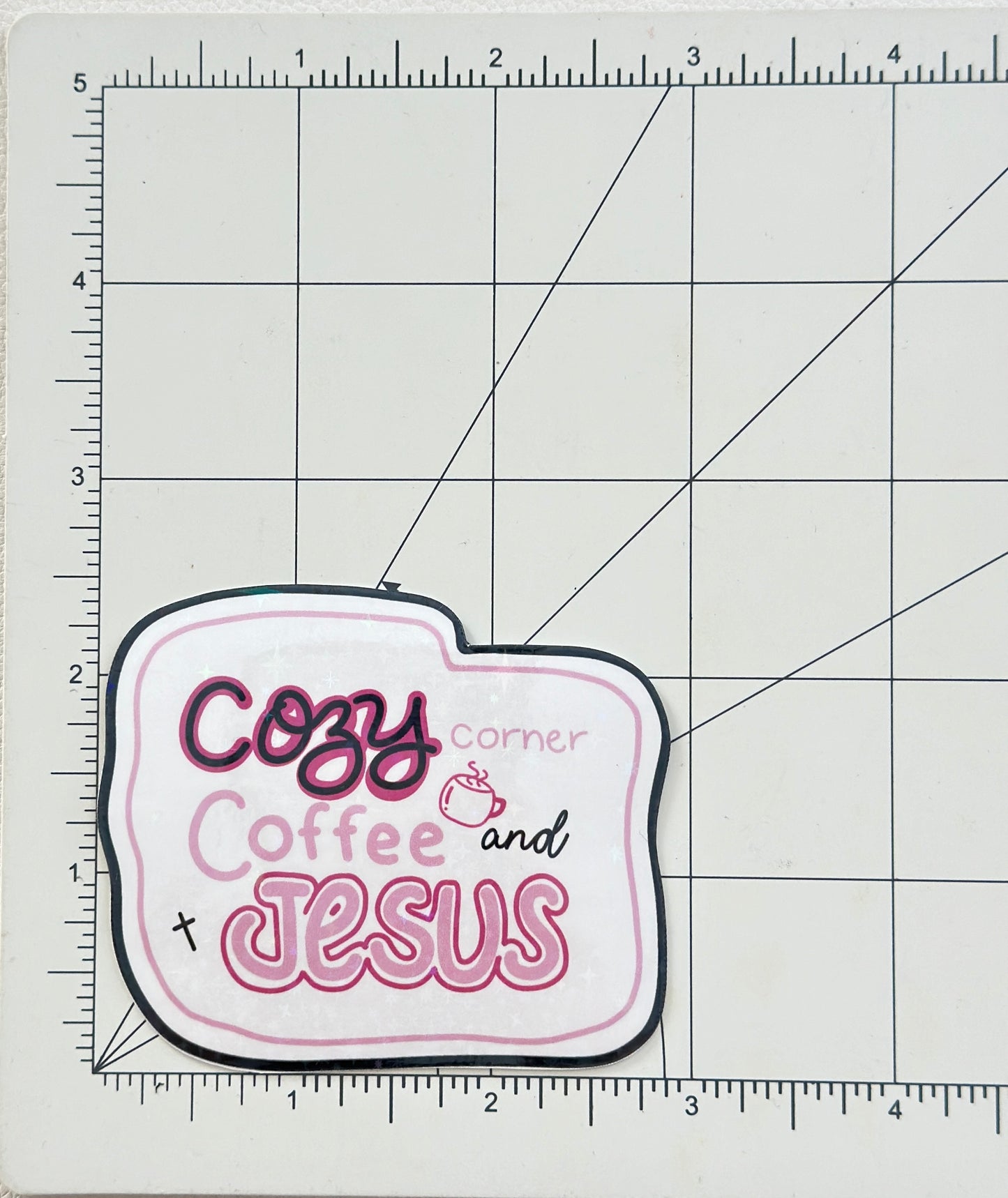 Sparkly Cozy Corner Coffee and Jesus Die-Cut Sticker