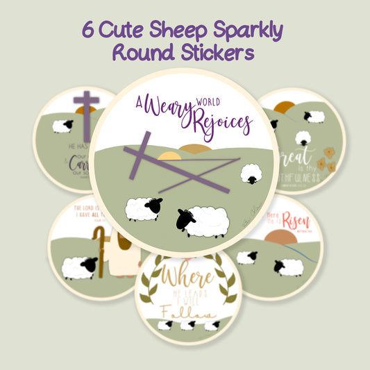 Six Cute Sheep Sparkly Round Die Cut Stickers