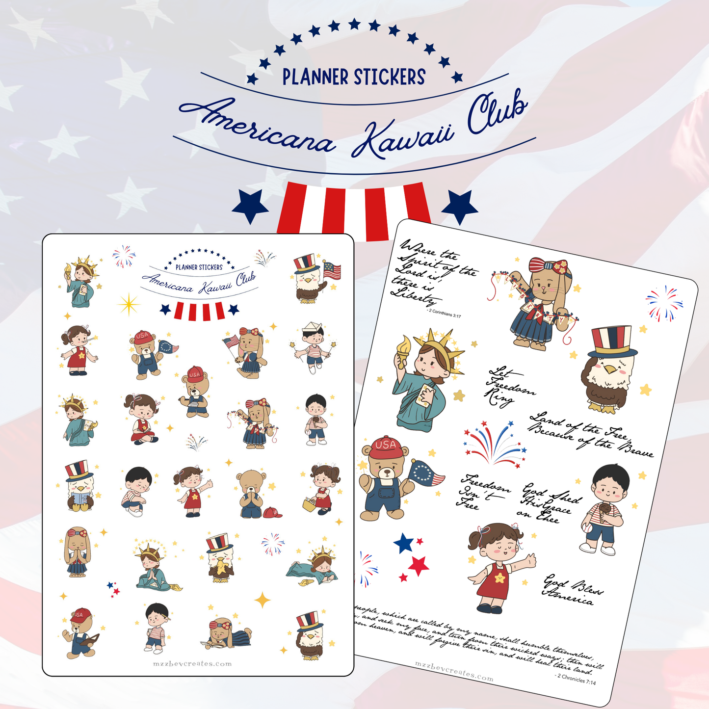 Americana Kawaii Club Planner Stickers- 2 Sheet Bundle