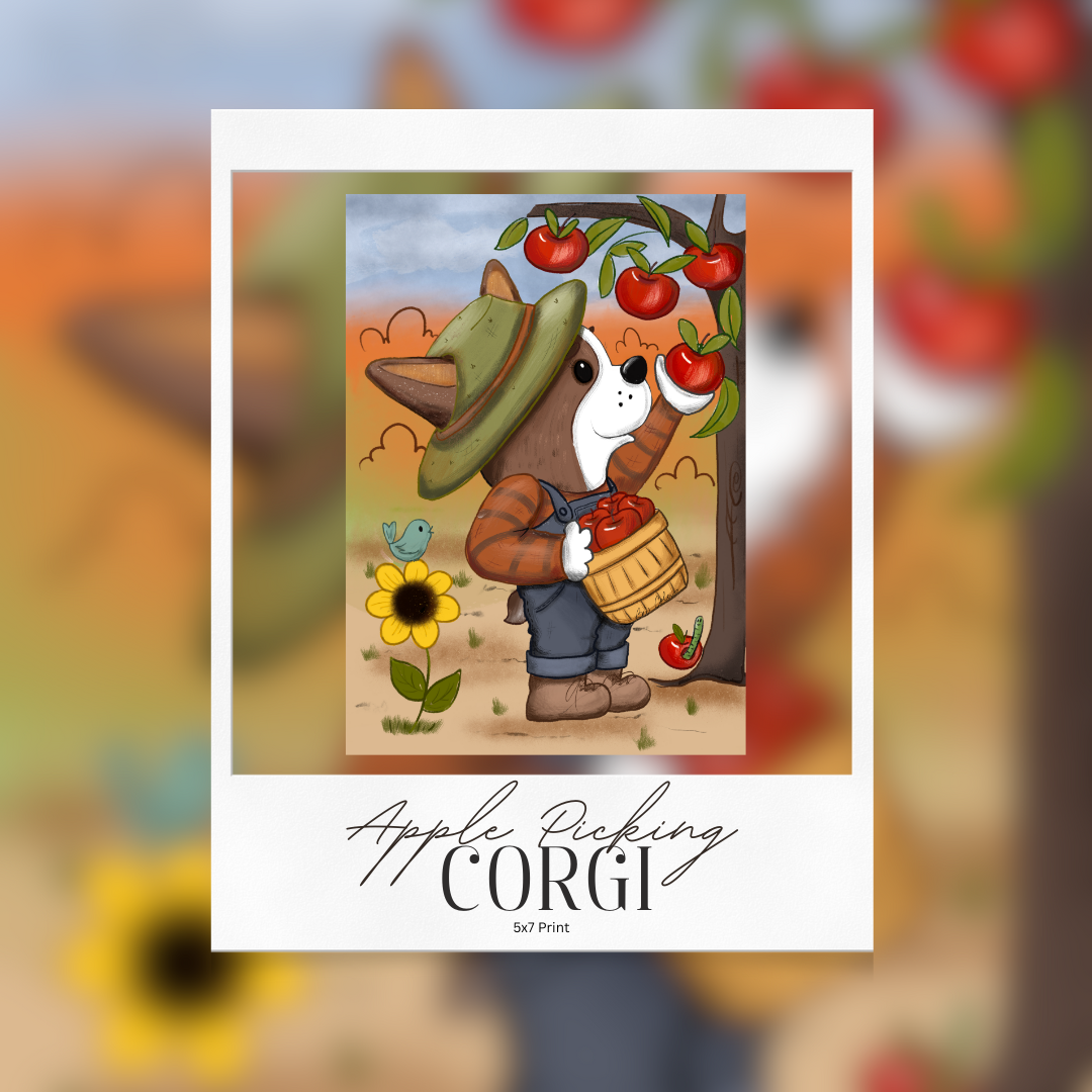 Apple Picking Corgi 5x7 Print