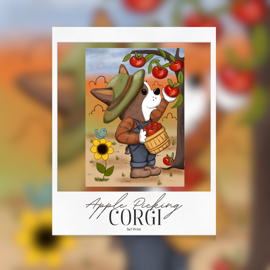 Apple Picking Corgi 5x7 Print